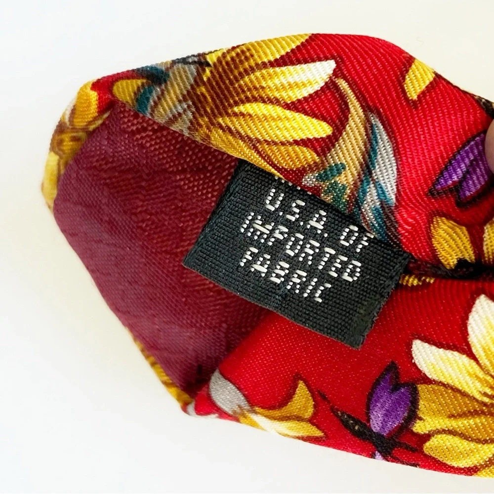 Christian Dior red golden yellow floral dragonfly print silk neck tie - Picture 5 of 5